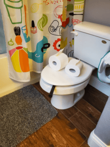 Clean bathroom with toilet and colorful shower curtain in the background.