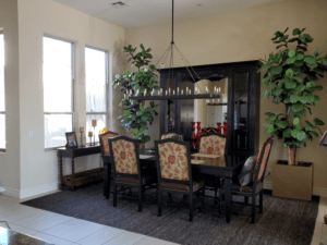 Stylish dining room with black furniture, large potted plants, and elegant decor.
