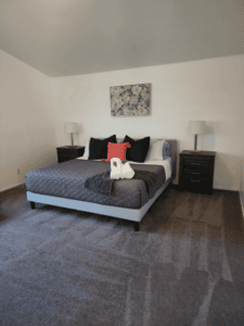 Clean and cozy bedroom with modern furniture and plush bedding.